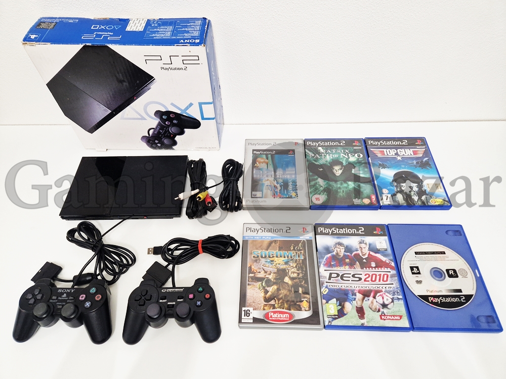 PlayStation 2 Slim SCPH-90004 v krabici + 2x ovládač 6 hier